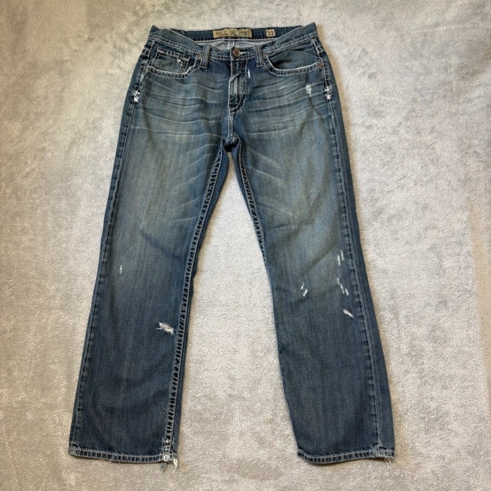 BKE Derek Jeans Mens 33X32 Blue Straight Mid Rise Distressed Medium Wash Denim